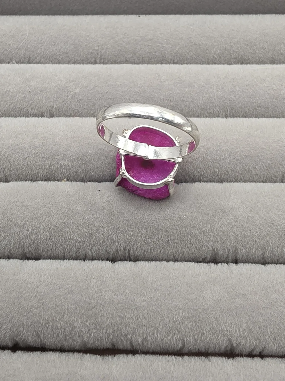 Silver Plated Ring Size 8 with Vibrant Fuchsia Druzy Stone